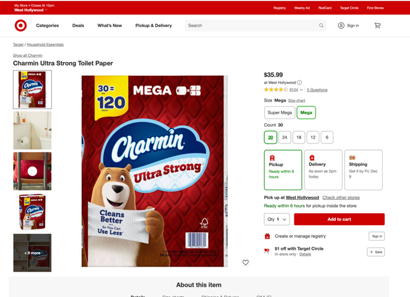 Target in West Hollywood, showing a Mega 30 pack of Charmin Ultra Strong for $35.99