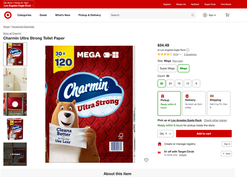 Target in Eagle Rock, showing a Mega 30 pack of Charmin Ultra Strong for $34.49