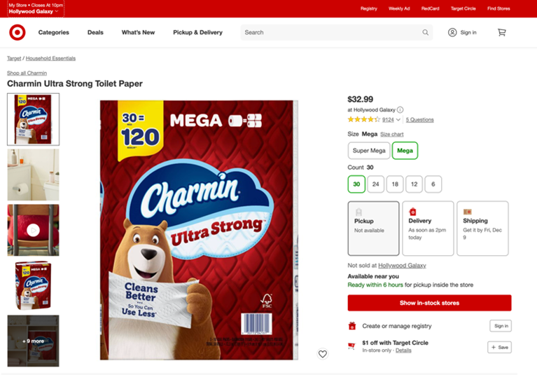 Target in Hollywood Galaxy, showing a Mega 30 pack of Charmin Ultra Strong for $32.99